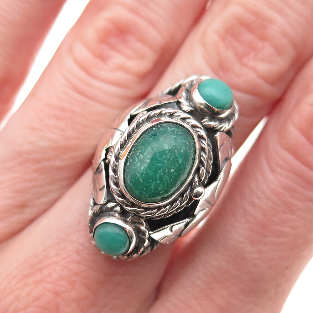925 Sterling Vintage Mexico Amazonite Turquoise Adjustable Poison Ring Size 7.25